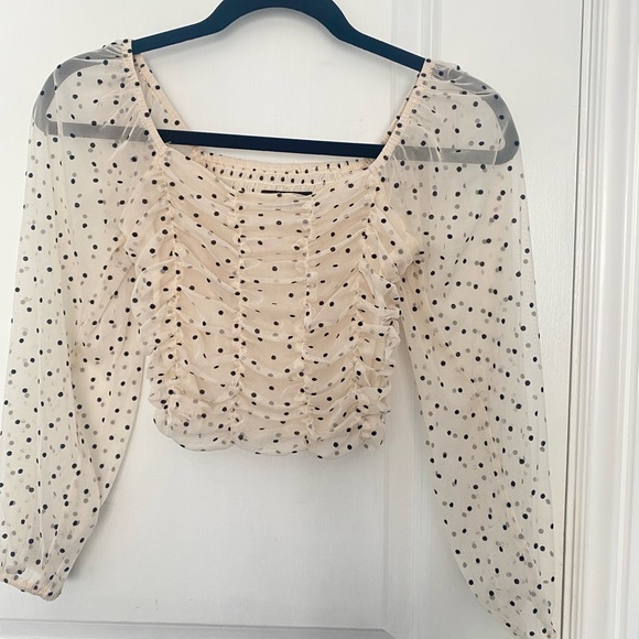 Bershka Tops - bershka flowy cream polka dot cropped milkmaid top with sheer sleeves